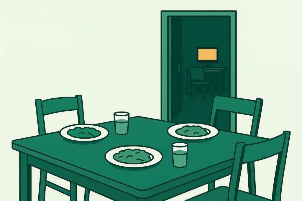 Ein Esstisch mit drei Gedecken und einem leeren Platz, im Nebenraum leuchtet ein Bildschirm: So macht sich zu viel Spielen im Familienalltag bemerkbar.