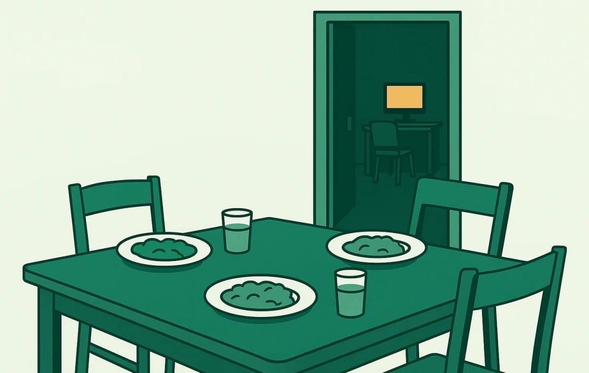[Bild 1: mein-kind-zockt-nur-noch-leerer-platz-am-tisch.jpg. Alt-Text: Ein Esstisch mit drei Gedecken und einem leeren Platz, im Nebenraum leuchtet ein Bildschirm: So macht sich zu viel Spielen im Familienalltag bemerkbar.]