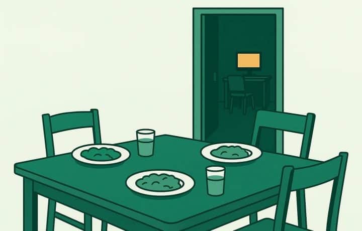 [Bild 1: mein-kind-zockt-nur-noch-leerer-platz-am-tisch.jpg. Alt-Text: Ein Esstisch mit drei Gedecken und einem leeren Platz, im Nebenraum leuchtet ein Bildschirm: So macht sich zu viel Spielen im Familienalltag bemerkbar.]