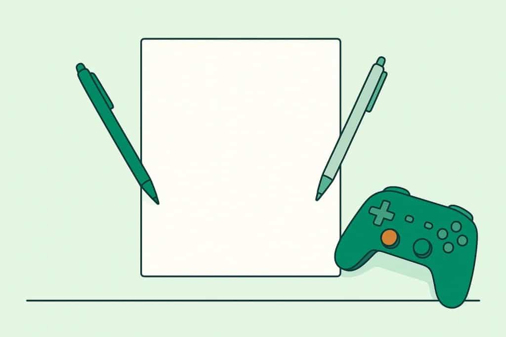Ein leeres Blatt mit zwei Stiften und einem abgelegten Controller: Regeln zur Bildschirmzeit halten, wenn beide Seiten sie vereinbaren.